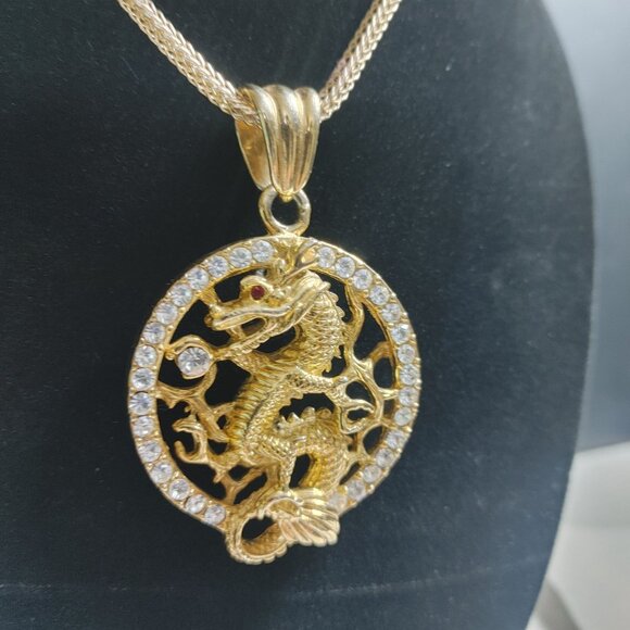 Gold Chinese Dragon Year Pendant Necklace Gold Tone Rhinestones 22 inch Chain - Picture 14 of 14